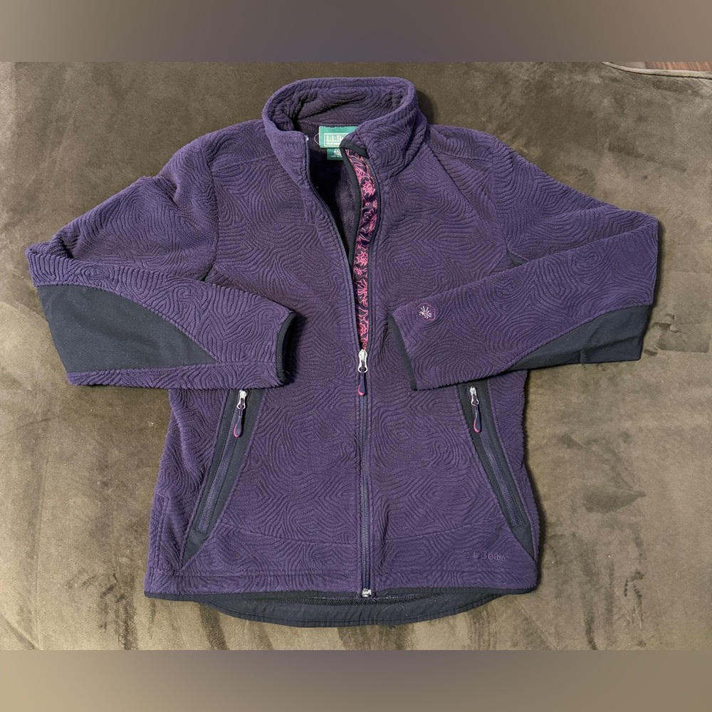 LL Bean Quilted Embroidered Purple Fleece Full Zip Up Anorak Jacket Womens S